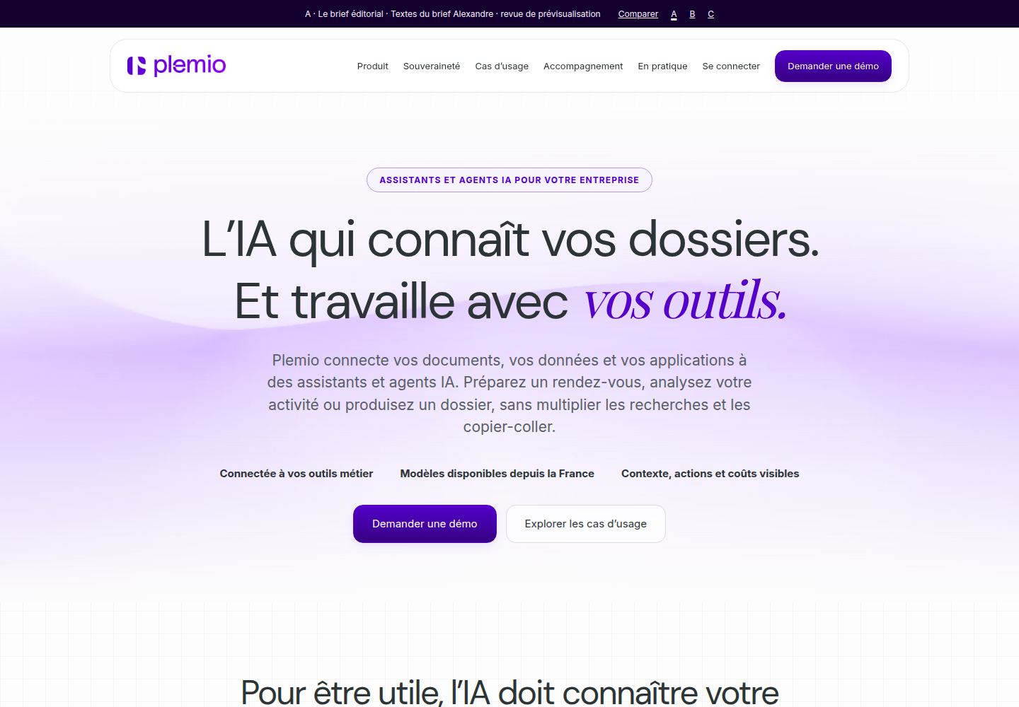 Premier écran de la proposition A : l’IA qui connaît vos dossiers et travaille avec vos outils.