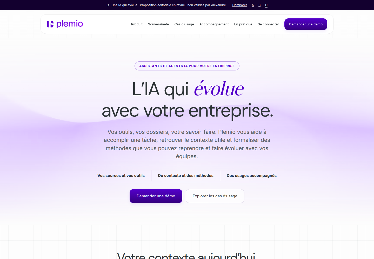 Premier écran de la proposition C : l’IA qui évolue avec votre entreprise.