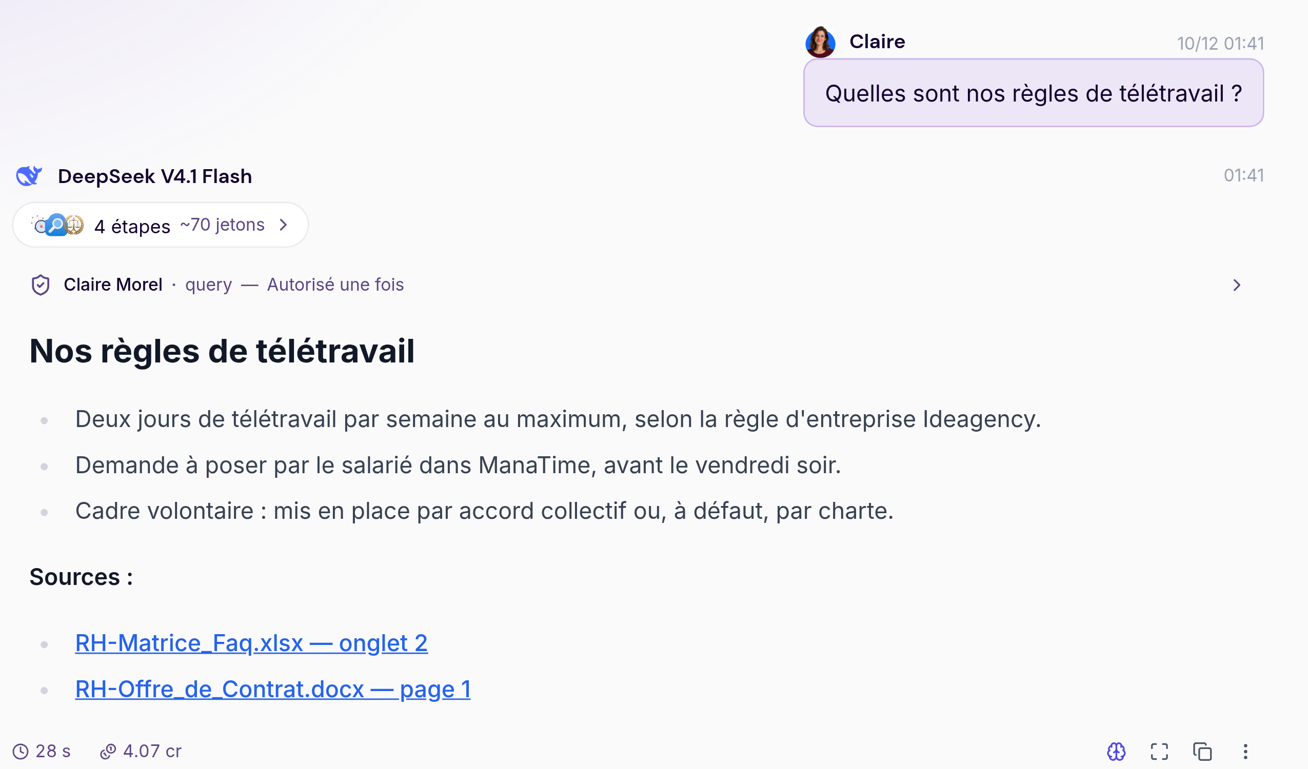 Réponse Plemio sur les règles de télétravail, trois points et références aux documents RH collectifs d’Ideagency.