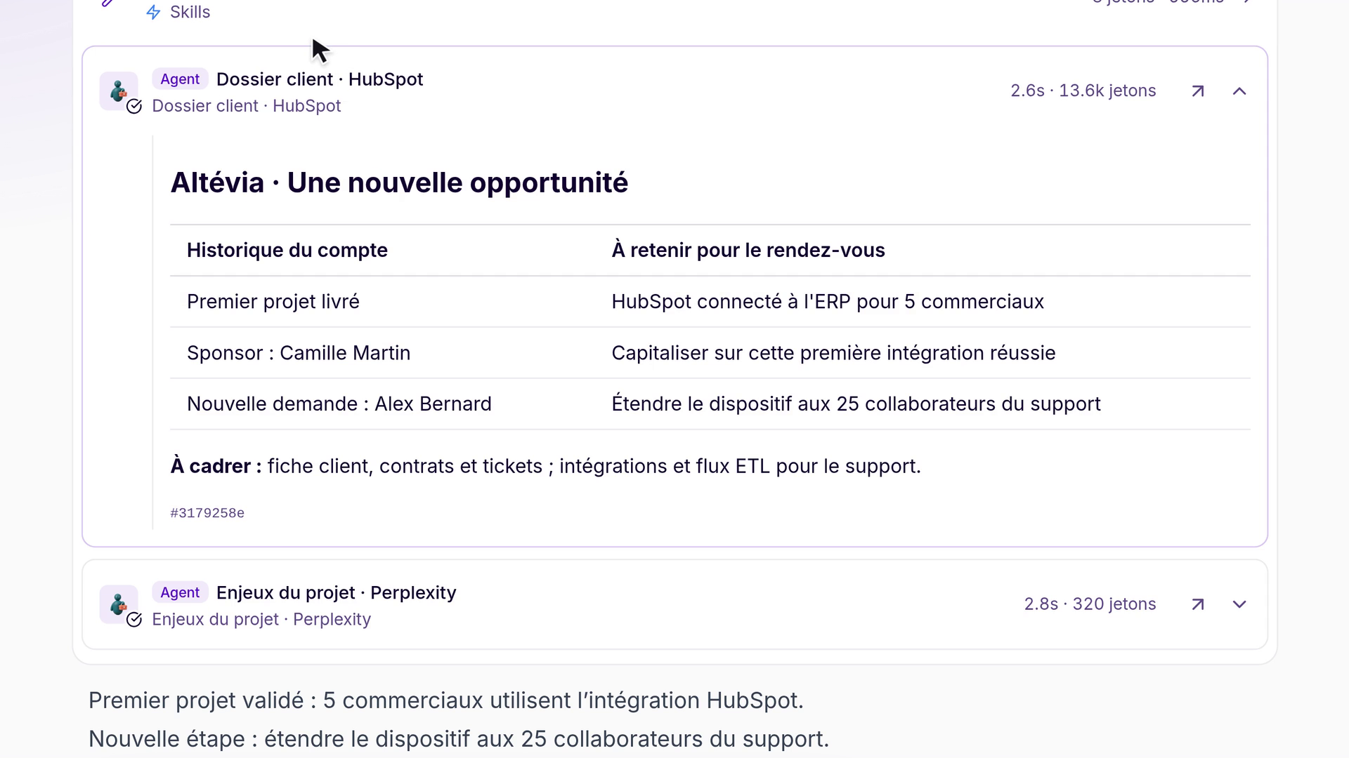 Agent Dossier client HubSpot ouvert : historique du compte Altévia et éléments de préparation du rendez-vous.