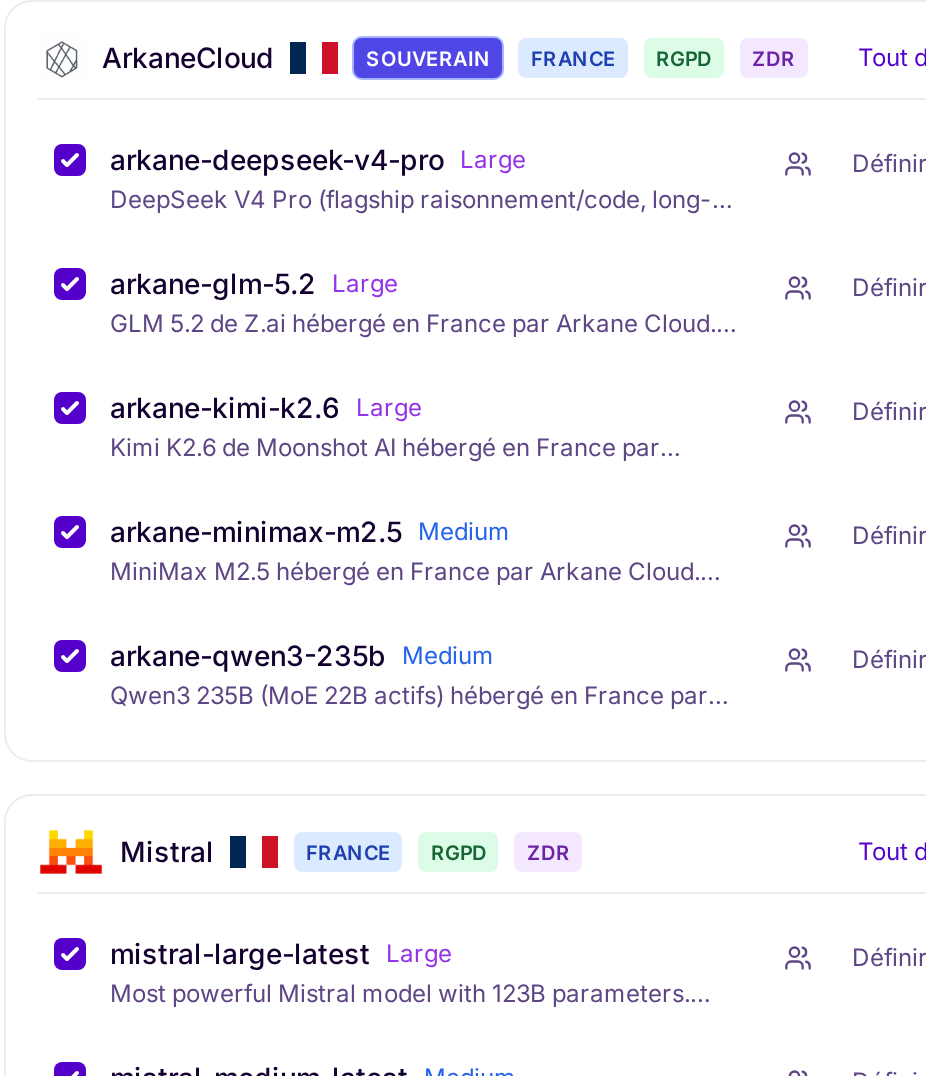Catalogue de modèles : options ArkaneCloud et Mistral marquées France.