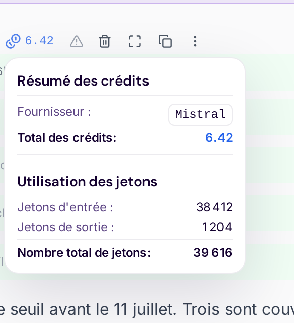 Panneau Résumé des crédits : fournisseur Mistral, crédits utilisés et détail des jetons.